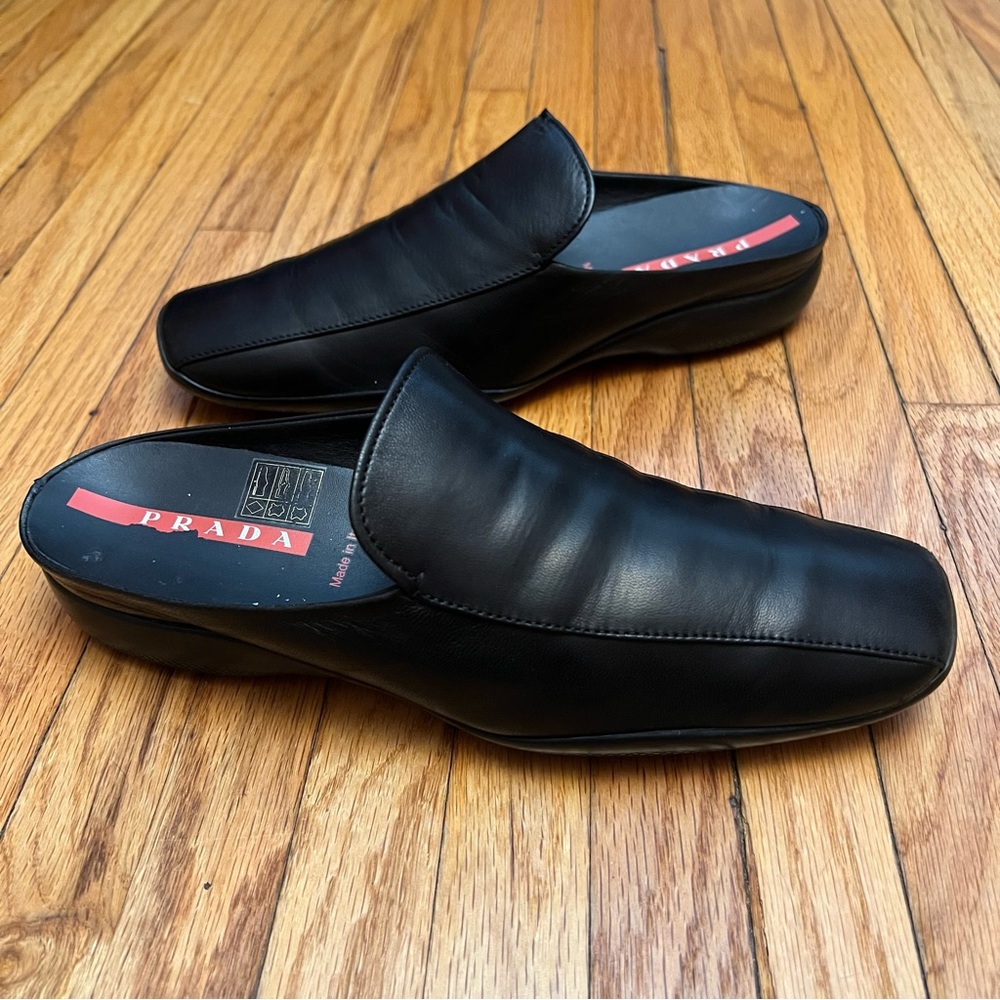 $350 Black Leather Vtg Prada Mules 3019 Slides 38.5 Shoes Clogs 7.5 Authentic